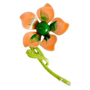 Vintage Enamel Flower Brooch, Orange Green, Mid Century 40s 50s 60s